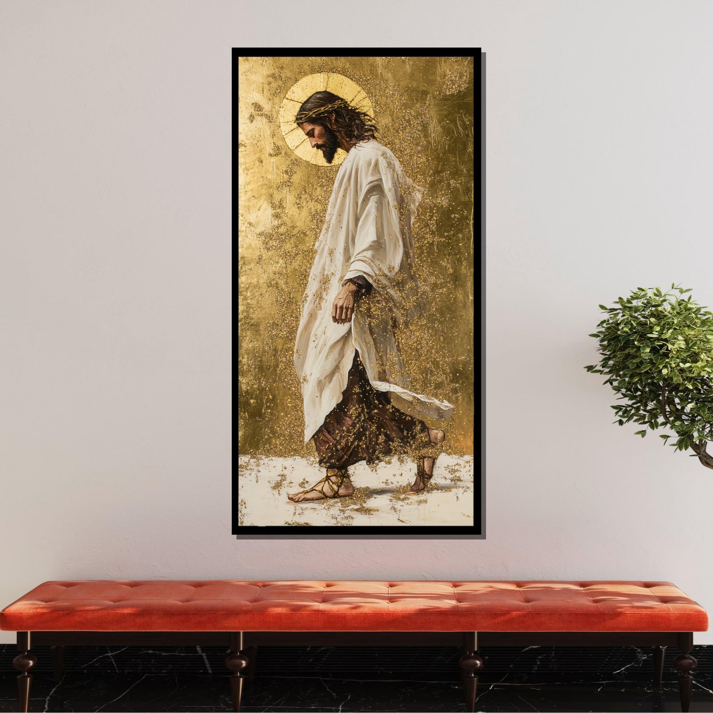 Jesus With Golden Halo Canvas, Christ Walking Artwork, Spiritual