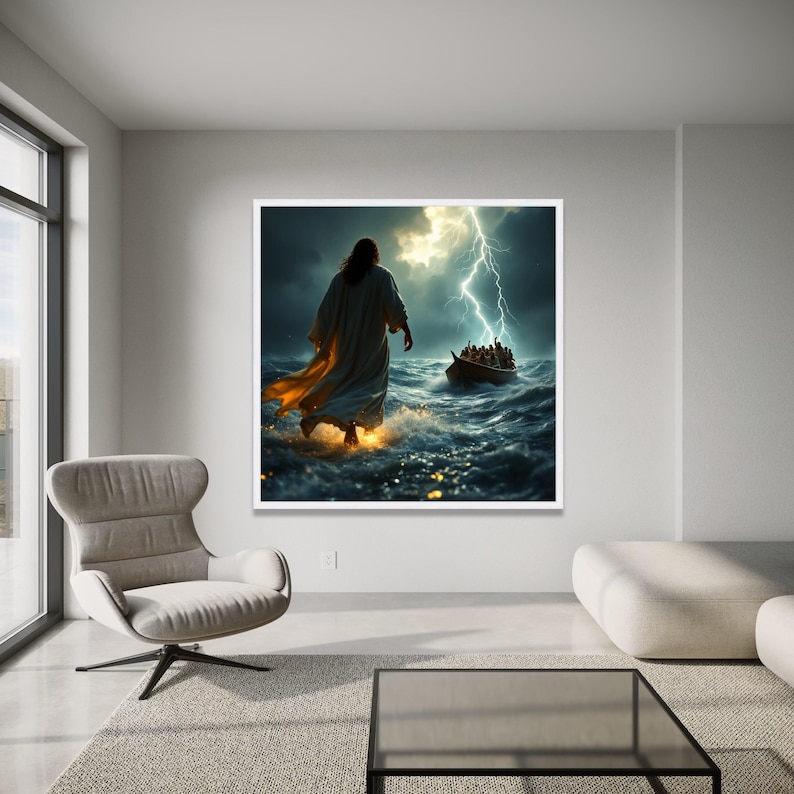 Walking on Water Canvas Wall Art, Jesus Christ Miracle Scene, Stormy ...