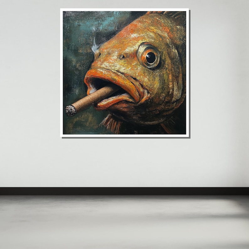 May include: A close-up painting of a fish with a cigar in its mouth. The fish is orange and brown with a dark green background.