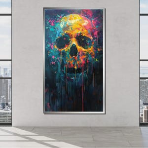 Vibrant Skull Graffiti Canvas, Neon Skull Art, Abstract Urban Skull Painting,Colorful Dripping Wall Art, Ready to Hang Canvas,Large Wall Art