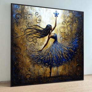 Elegante dansende vrouw canvas, blauwe gouden jurk muurkunst, abstract ballet canvas, modern huis wanddecoratie, canvas print, kunst aan de muur