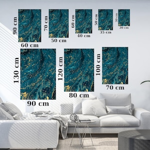 May include: A set of six abstract art prints featuring a blue and gold marbled design. The prints are available in various sizes, ranging from 20 cm x 30 cm to 90 cm x 130 cm.