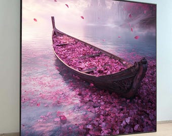 Puede incluir: Impresión enmarcada que muestra un barco de madera lleno de pétalos de flores rosas flotando en el agua. El barco está tallado con detalles. El agua y el cielo tienen una paleta de colores pastel, con pétalos cayendo.