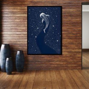 May include: A blue and white illustration of a whale swimming through a starry night sky. The whale is made up of white stars and the night sky is a dark blue.