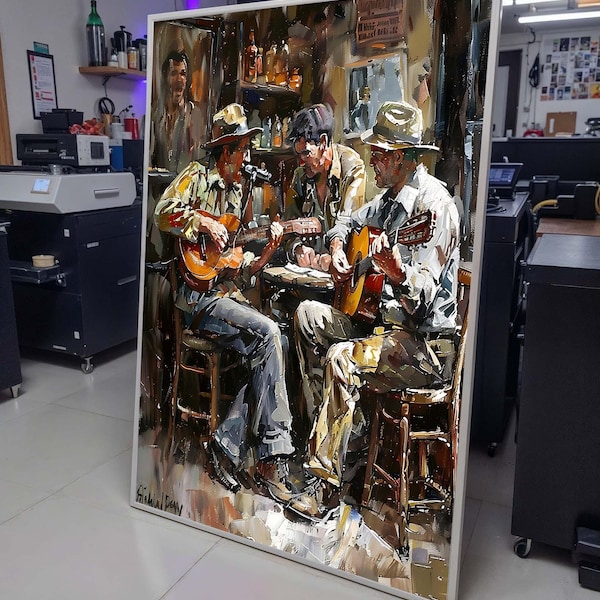バーのギタリストの絵画プリント - 素朴なミュージシャンアート、活気のある音楽の装飾、バーやカフェの壁、ジャズウォールアート、音楽キャンバスアートに最適