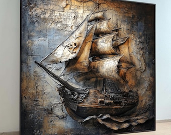 Arte de pared en lienzo de velero vintage, decoración náutica, lienzo de barco pirata rústico, decoración de pared marítima, impresión en lienzo, arte de pared