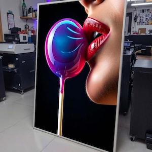 Colorful Lollipop Art, Sensual Pop Art Lips, Vibrant Candy-Themed Wall Decor, Modern Sexy Canvas, Playful Contemporary Art Gift for Her