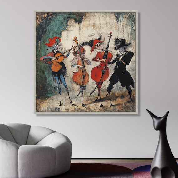 Whimsical String Quartet Canvas Wall Art, Abstract Musicians