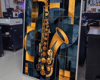 Abstract Saxophone Art-Geometric Gold and Blue Music Decor,Modern Jazz Wall Art for Music Lovers,Detailed Art for Musicians,Music Canvas Art