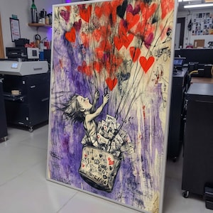 Hartballon Street Art, grillige meisjesgraffiti, Urban Love Art Print, rood hart muurdecoratie, hart muurkunst klaar om op te hangen decor