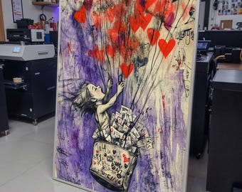 Heart Balloon Street Art, Whimsical Girl Graffiti, Urban Love Art Print, Red Heart Wall Decor,Heart Wall Art Ready to Hang Decor