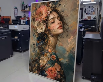 Enchanted Floral Woman Portrait Canvas, Romantic Botanical Art, Elegant Female Face Painting, Nature wall decoration, canvas print, wall art