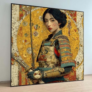 Elegant Female Samurai Canvas Wall Art, Asian Warrior Portrait, Traditional Armor Painting, wall decoration, canvas print, wall art image 1