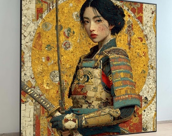 Elegant Female Samurai Canvas Wall Art, Asian Warrior Portrait, Traditional Armor Painting, wall decoration, canvas print, wall art