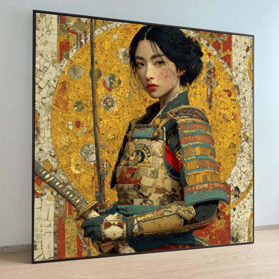 Elegant Female Samurai Canvas Wall Art, Asian Warrior Portrait, Traditional Armor Painting, wall decoration, canvas print, wall art