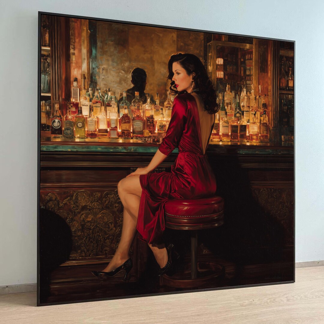 Elegant Woman in Red Dress at Vintage Bar Canvas, Retro Glamour Wall ...