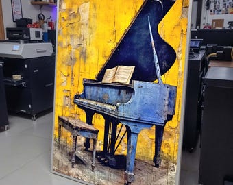 Vintage Blue Piano Art Print -Rustic Music Decor,Yellow Background,Home Wall Art for Musicians, Detailed Art for Musicians, Music Canvas Art
