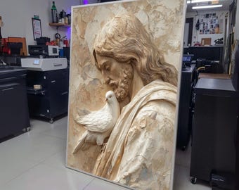 Jezus met duif canvas muurkunst, religieus christelijk decor, spiritueel bijbelkunstwerk, geloof wanddecoratie, canvasprint, muurkunst