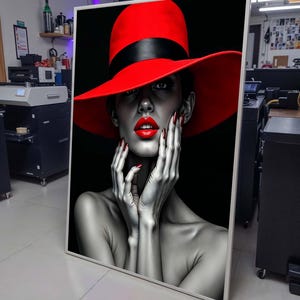 Hat Woman Canvas Art, Fashion Photography Wall Art, Red Fashion Art, Elegant Lady Portrait, Minimalist Chic Wall Art,Ready to Hang