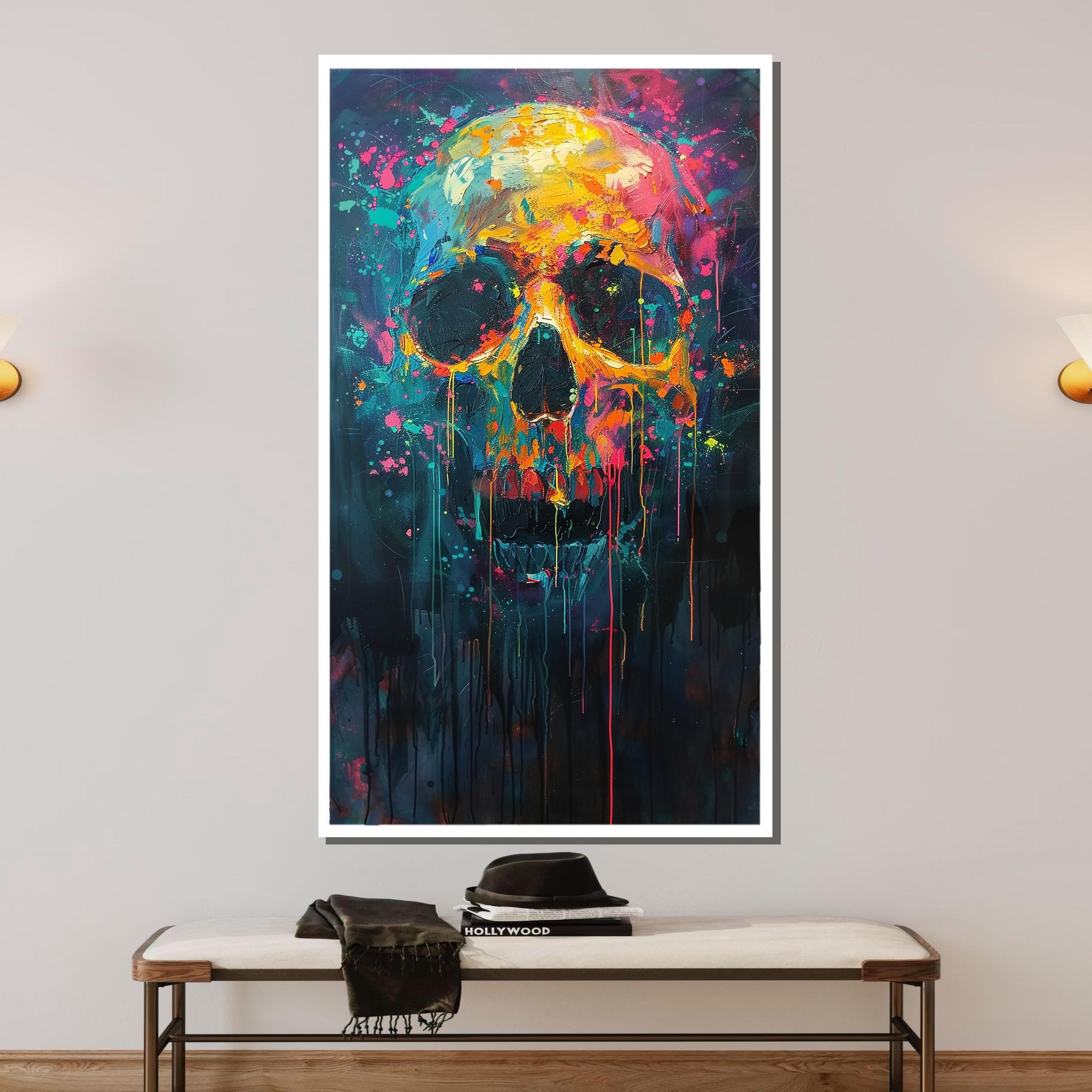 Vibrant Skull Graffiti Canvas, Neon Skull Art, Abstract