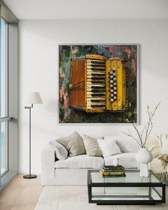 Vintage Accordion Painting - Rustic Music Wall Art, Musician Gift