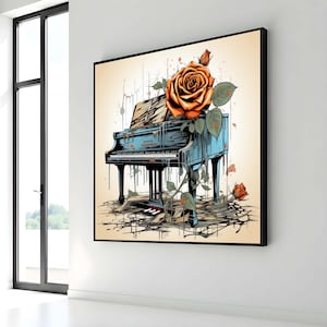 Vintage Piano Rose Art, Surreal Piano Canvas, Abstract Flower and Piano Print, Dripping Paint Art, Ready to Hang Wall Decor,Music Wall Decor