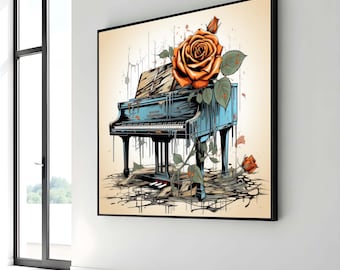 Vintage Piano Rose Art, Surreal Piano Canvas, Abstract Flower and Piano Print, Dripping Paint Art, Ready to Hang Wall Decor,Music Wall Decor