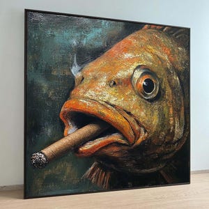 May include: A close-up painting of a fish with a cigar in its mouth. The fish is orange and yellow with a dark green background.