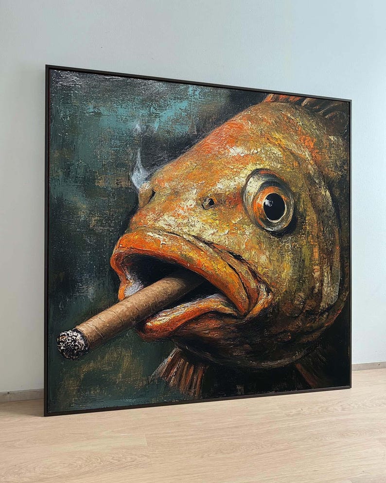 May include: A close-up painting of a fish with a cigar in its mouth. The fish is orange and yellow with a dark green background.