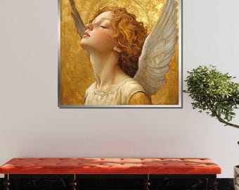 黄金の天使の肖像画キャンバス、穏やかな天使のアート、エレガントな