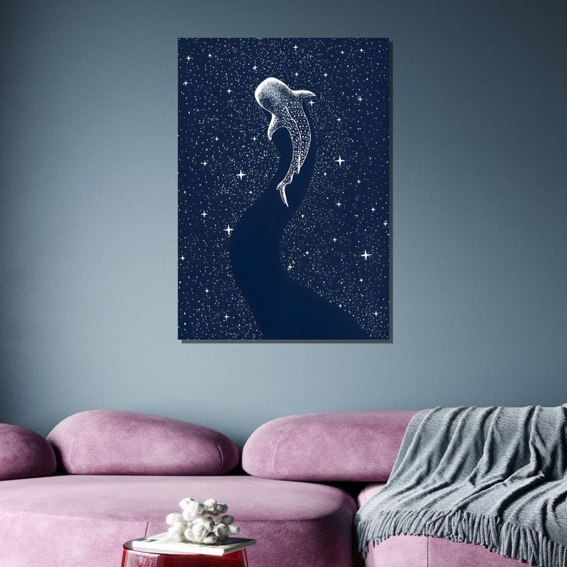 May include: A white whale silhouette swimming upwards against a dark blue background with white stars. The whale is outlined in white and has a dotted pattern.