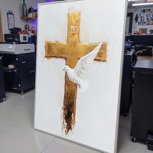 Golden Cross and Dove Canvas, Symbol of Peace Art, Elegant Christian Wall Decor, Religious Canvas, Ready to Hang, Bold Christian Artwork