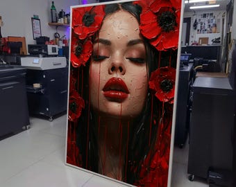 Elegant Woman Portrait Canvas, Red Poppy Flowers Wall Art, Modern Face Painting, Dramatic Floral wall decoration, canvas print, wall art
