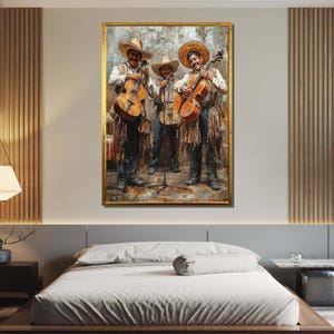 May include: Three men in sombreros playing string instruments. The men are standing in front of a brick wall and are wearing traditional Mexican clothing. The instruments are a violin, a guitar, and a cello.