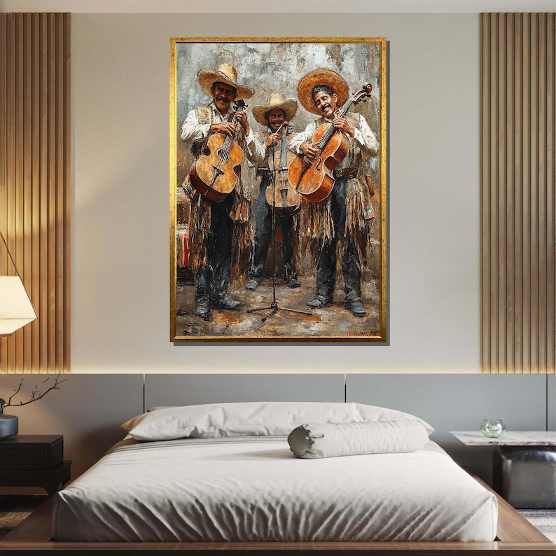 May include: Three men in sombreros playing string instruments. The men are standing in front of a brick wall and are wearing traditional Mexican clothing. The instruments are a violin, a guitar, and a cello.