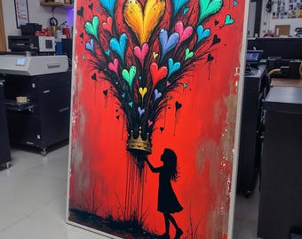 Heart Bloom Crown Wall Art, Silhouette Girl with Colorful Hearts, Red Inspirational Canvas,Heart Wall Art Ready to Hang Decor