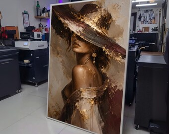 Elegant Woman with Wide Brim Hat Canvas, Fashion Portrait Wall Art, Gold Accents Artwork, Stylish wall decoration, canvas print, wall art