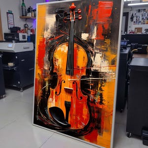 Vibrant Violin Wall Art - Bold Musical Instrument Painting, Orange & Black Wall Decor for Music Lovers Ready to Hang, Music Canvas Art