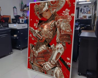 Sparkling Samurai Armor Canvas, Red Background Wall Art, Japanese Warrior Illustration, Modern wall decoration, canvas print, wall art