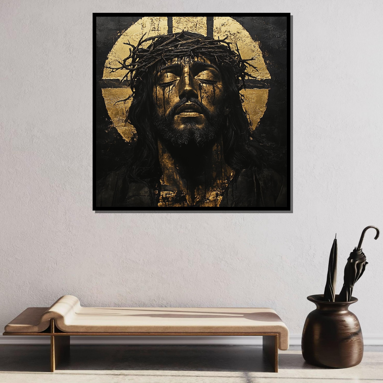 Jesus Crown of Thorns Gold Canvas, Sacred Black and Gold Art, Passion ...