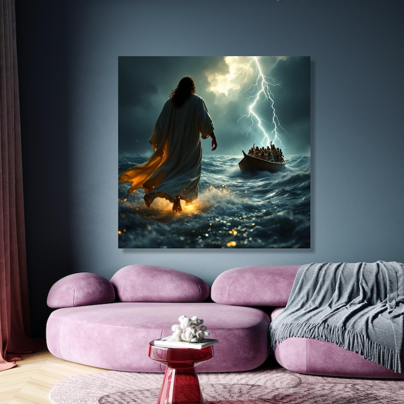 Walking on Water Canvas Wall Art, Jesus Christ Miracle Scene, Stormy ...