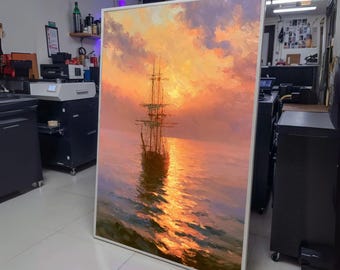 Sunset Sailing Ship Canvas, Vintage Boat Wall Art, Ocean Reflection Canvas, Nautical Home wall decoration, canvas print, wall art