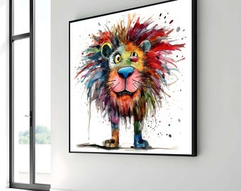 Colorful Lion Canvas Art, Whimsical Lion Painting, Fun Animal Wall Art, Watercolor Lion Decor, Vibrant Safari Wall Print, Large Wall Art