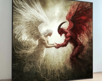 Angel and Demon Meeting Canvas Wall Art, Fantasy Dark Art, Spiritual Contrast Painting, Mythical wall decoration, canvas print, wall art