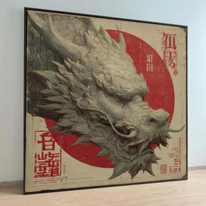 Majestic Dragon Head Canvas Wall Art, Asian Mythology Decor, Red Sun Retro Design, Vintage Fantasy wall decoration, canvas print, wall art