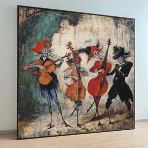 May include: An abstract painting depicts four whimsical figures playing stringed instruments. The figures, with elongated limbs and exaggerated features, wear colorful attire and hats. The artwork is framed in a black border and has a textured background.