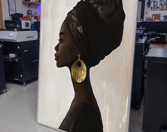 Elegant Profile Silhouette, Afrocentric Woman Portrait, Gold Earring Art, Afro Canvas, Black Woman,Minimalist Wall Art,Ready to Hang Decor