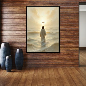 May include: A painting of a man walking on water towards a cross in the sky. The man is wearing a white robe and the water is a light blue color. The sky is a light blue color with a bright yellow sun shining through the clouds.