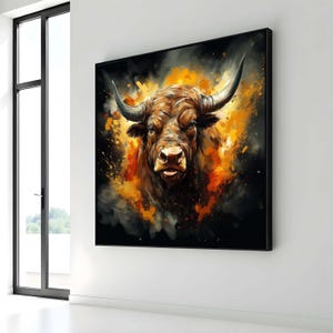 Fiery Bull Canvas Art, Bold Animal Wall Decor, Abstract Bull Painting, Powerful Bull Portrait, Dynamic Bull Artwork, Ready to Hang Canvas