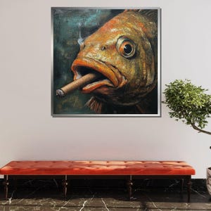 May include: A close-up painting of a fish with a cigar in its mouth. The fish is orange and yellow with a dark eye. The background is a dark green and blue.